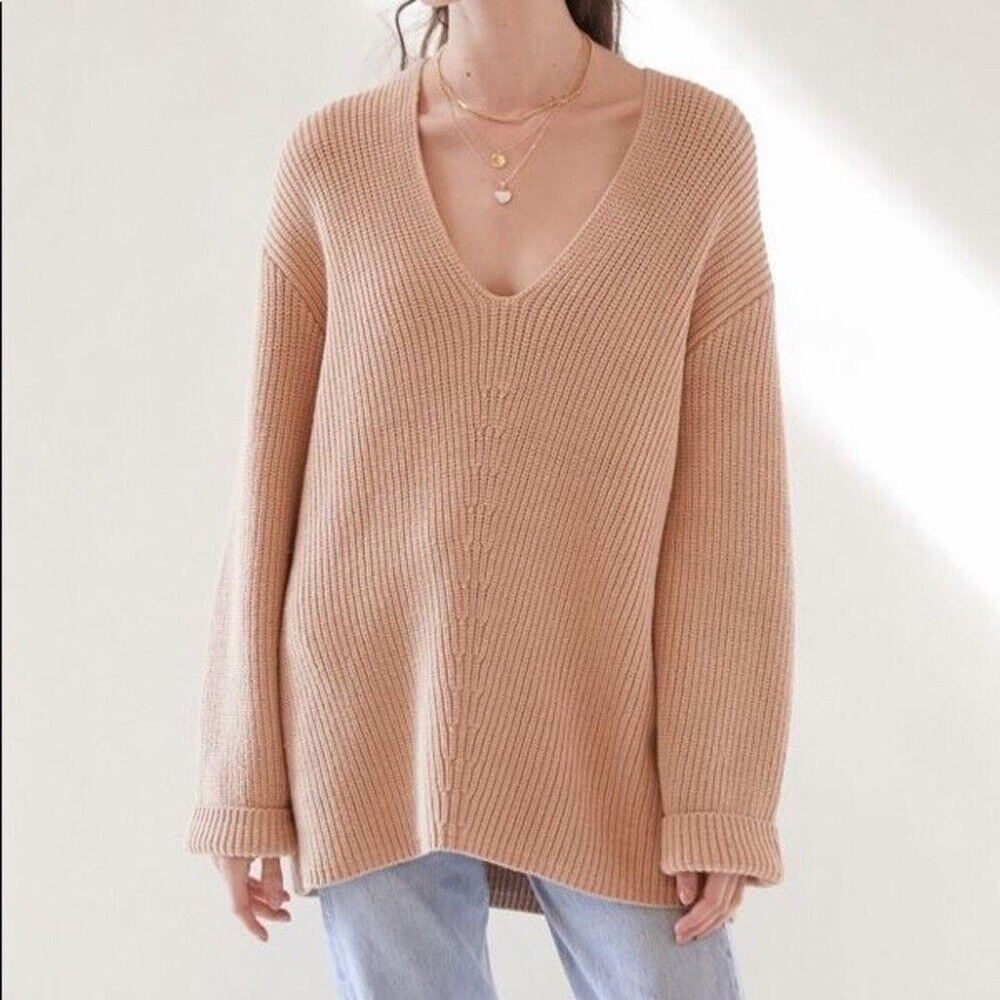 Urban Outfitters V Neck Sweater Tan Beige Oversize XS